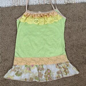 Fresh Wear  Green and Yellow Floral Lace Ruffle Trim Top